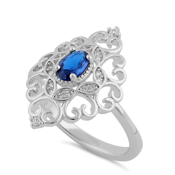 Sterling Silver Elegant Blue Sapphire CZ Marquise Design Ring New - Picture 2 of 6
